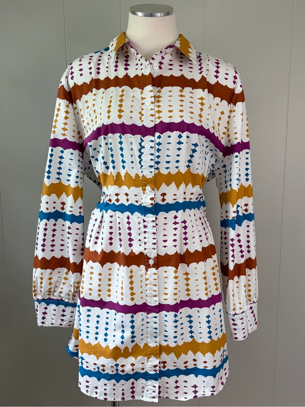DIYANU White Nautical Adire African Print Shirt Dress XL